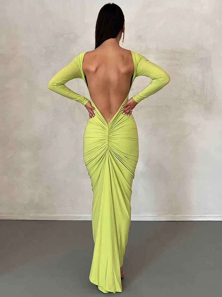 Women Fashion Long Sleeves Backless Draped Sexy Slim Maxi Dress 2025 Spring Elegant Streetwear Party Club Y2K Outfit