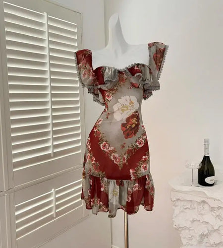 French Red Print Elegant Square Neck Slim Sexy Party Short Dress Women's Summer New Ruffled Edge Dresses Fashion Bohemian Trendy