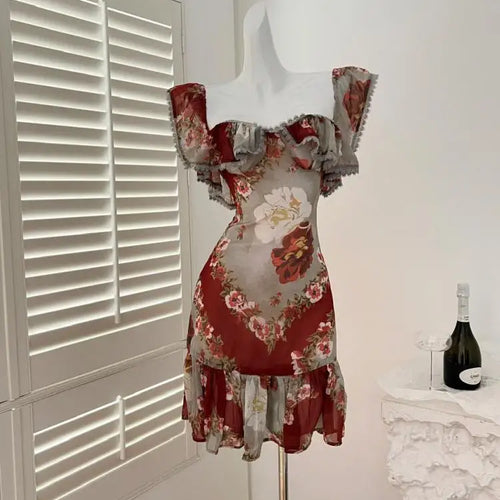 Load image into Gallery viewer, French Red Print Elegant Square Neck Slim Sexy Party Short Dress Women's Summer New Ruffled Edge Dresses Fashion Bohemian Trendy
