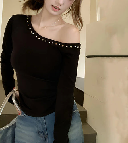 Elegant Tops for Women y2k Clothes Off One Shoulder Long Sleeve T Shirts with Rivet Decor 2000s Clothing Streetwear