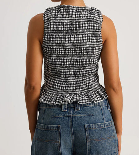 y2k Tank Tops Summer Women Solid Color/Plaid Round Neck Sleeveless Ruched T Shirts Peplum Vest 2000s Clothes Streetwear