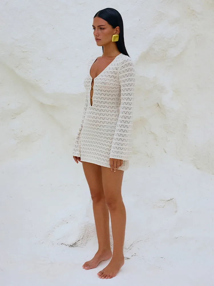 Sexy Knitted Beach Dress For Woman White Hollow Out Deep V Neck Long Sleeve High Waist A-line Knit Dress Knitwear