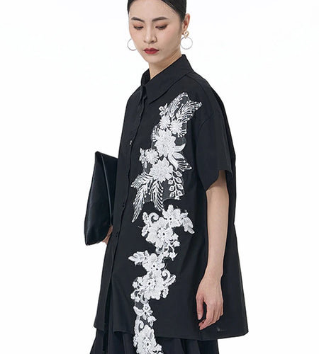 Women Black Appliques Irregular Big Size Casual Blouse New Lapel Short Sleeve Shirt Fashion Spring Summer 2025 1DJ1501