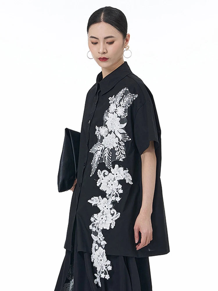 Women Black Appliques Irregular Big Size Casual Blouse New Lapel Short Sleeve Shirt Fashion Spring Summer 2025 1DJ1501