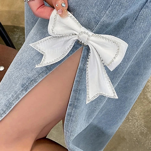 Load image into Gallery viewer, High Waist Split Bow Denim Skirts Summer New Slim Solid Color Women&#39;s Y2k Skirt Slight Stretch Simple Casual Streetwear
