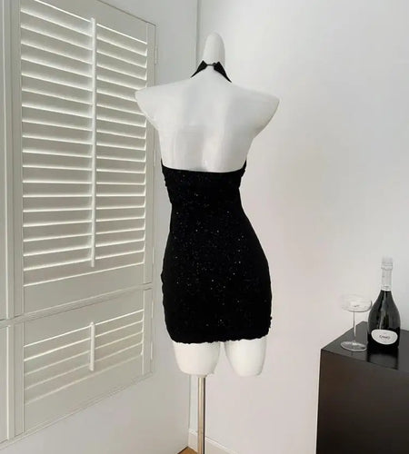 French Black Diamond Off Shoulder Halter Short Dress For Women Summer 2025 New Hollow Out Backless Sexy Club Mini Wrap Hip Dress