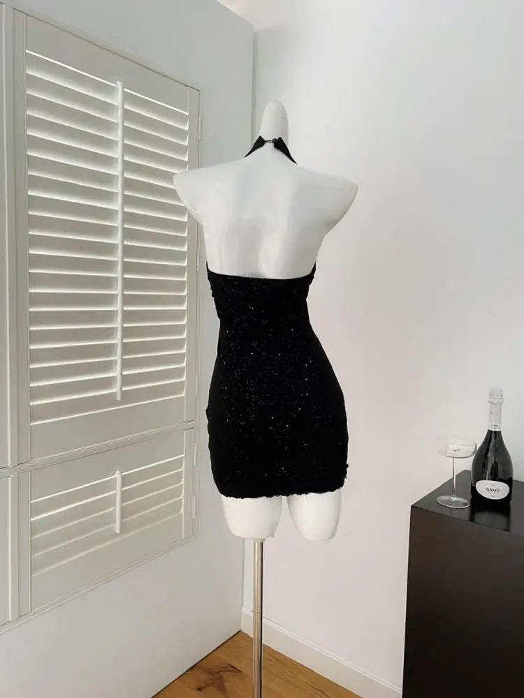 French Black Diamond Off Shoulder Halter Short Dress For Women Summer 2025 New Hollow Out Backless Sexy Club Mini Wrap Hip Dress