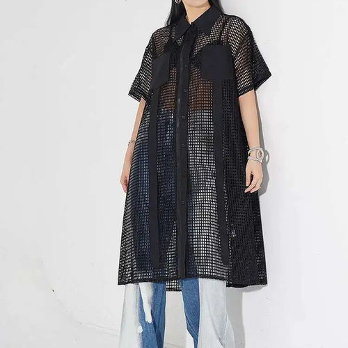 Load image into Gallery viewer, Women Black Mesh Perspective Midi Big Size Shirt Dress New Lapel Short Sleeve Fashion Tide Spring Summer 2025 1DH4934
