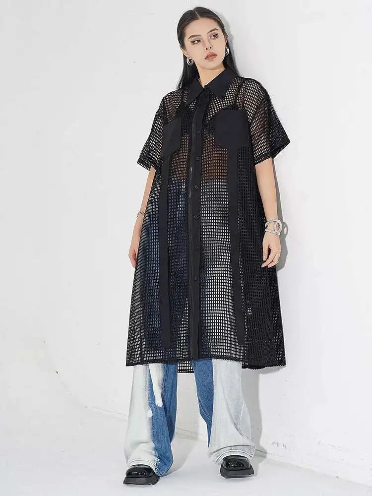 Women Black Mesh Perspective Midi Big Size Shirt Dress New Lapel Short Sleeve Fashion Tide Spring Summer 2025 1DH4934