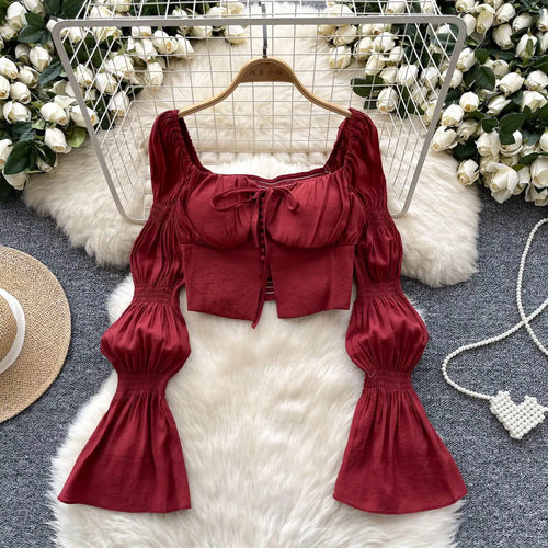 Load image into Gallery viewer, Autumn French Solid Ruffle Edge Lace-up Shirt Women Long Sleeves Square Neck Slim Short Tops Versatile Button Pleated Blouse New
