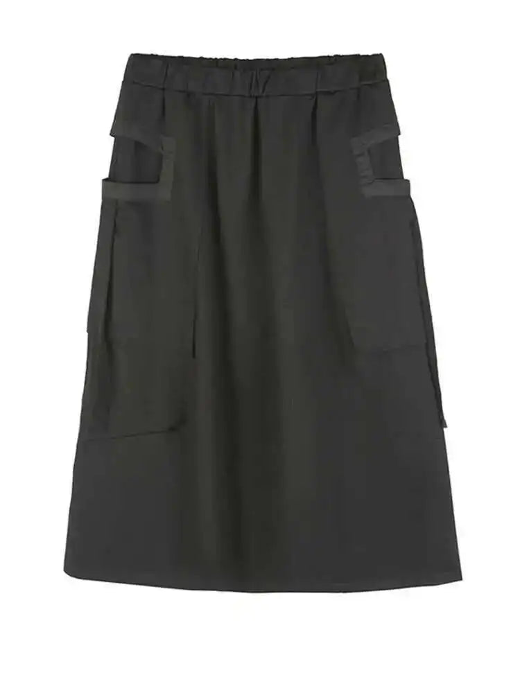 Hight Elastic Waist Black Pockets Ribbon Long Casual Half-body Skirt Women Fashion Tide New Spring Autumn 2025 1DF5316
