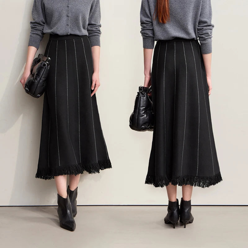 Women's Skirt 2025 Winter New Knitting Striped Tassel A-Line Skirts For Women Versatile Loose Clothing Ladies 12544168