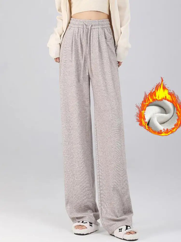 Winter Women Solid Velvet High Waist Drawstring Pant Korean Fashion Versatile Wide Leg Trousers Casual Thick New 2024 Trend Chic