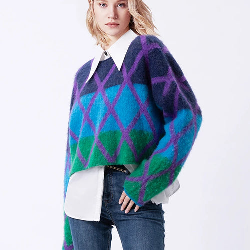 Load image into Gallery viewer, Brand Quality Mohair Sweater For Women Round Neck Long Sleeve Colorblock Knitting Pullovers Female Winter Clothing 2023 C-181
