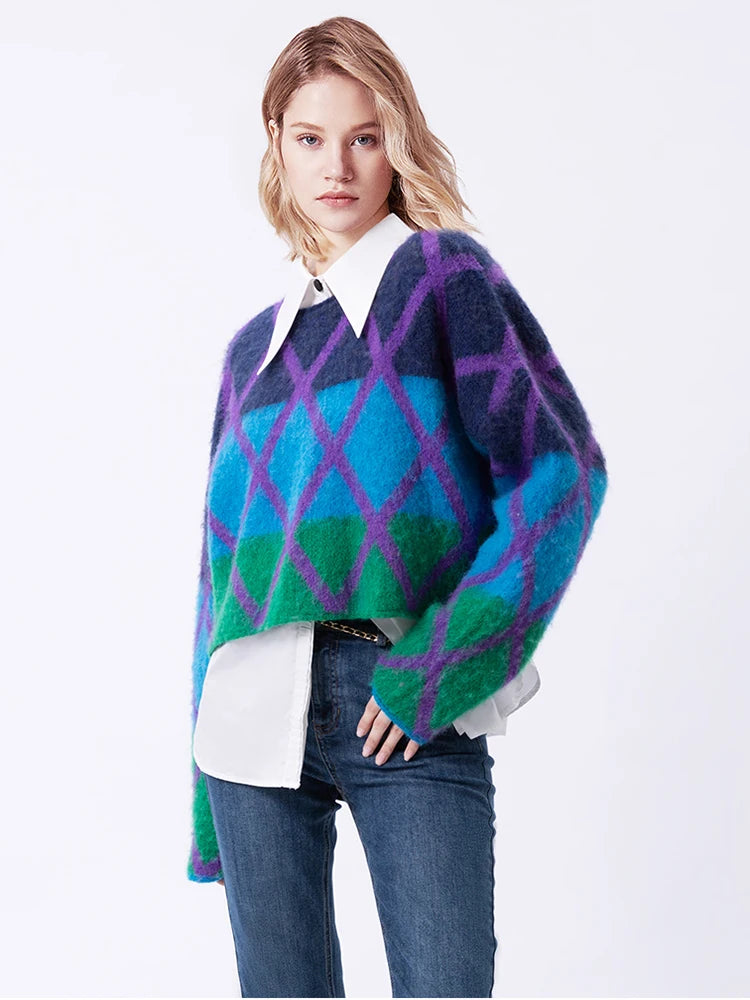 Brand Quality Mohair Sweater For Women Round Neck Long Sleeve Colorblock Knitting Pullovers Female Winter Clothing 2023 C-181