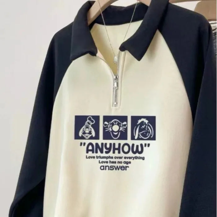 Korean 2024 Autumn Winter New Beige Patchwork Letter Print Zipper Sweatshirt Women Long Sleeve Loose Pullover Tops Casual Trendy