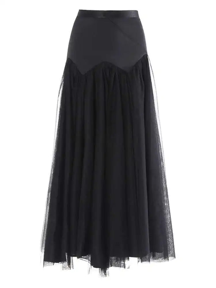 High Waist Gray Mesh Color-block Spliced Elegant A-line Half-body Skirt Women Fashion Tide New Spring Autumn 2025 1DH9838