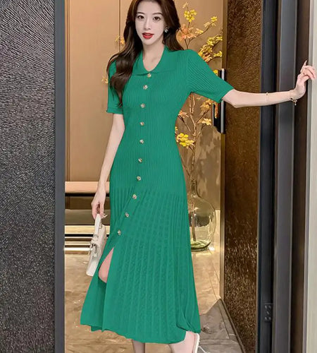 Summer 2024 New Women's Black Beige Single Breasted Knitted Long Dress Green Elegant Office Lady Short Sleeve Pleated Dress Chic
