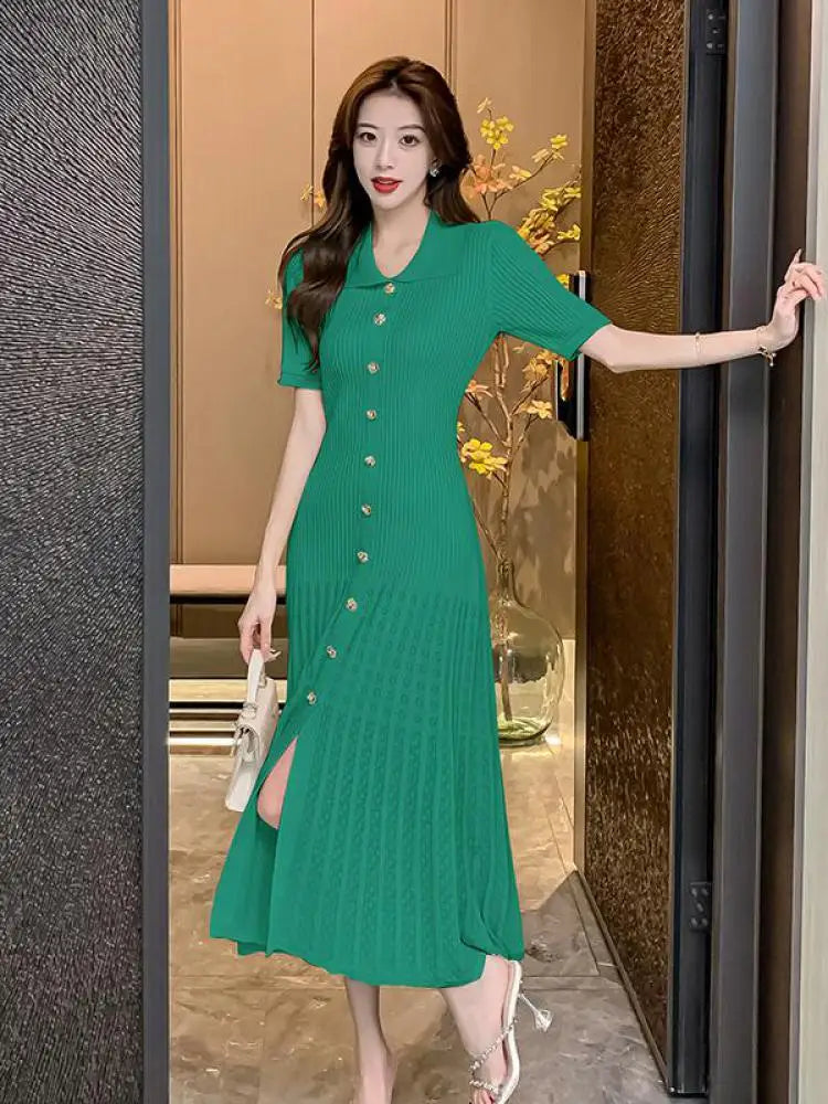 Summer 2024 New Women's Black Beige Single Breasted Knitted Long Dress Green Elegant Office Lady Short Sleeve Pleated Dress Chic