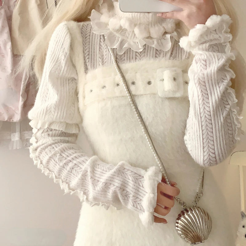 Sweet Ruffled Patchwork Turtleneck Pullover 2025 Women Y2k Aesthetic Knitted Kawaii Cute Jumper Harajuku Fairy Bow Loose Sweater