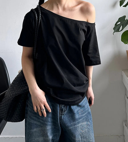 Women Black Plain Color Big Size Casual T-shirt New Skew Collar Short Sleeve Fashion Tide Spring Summer2025 1DJ1588
