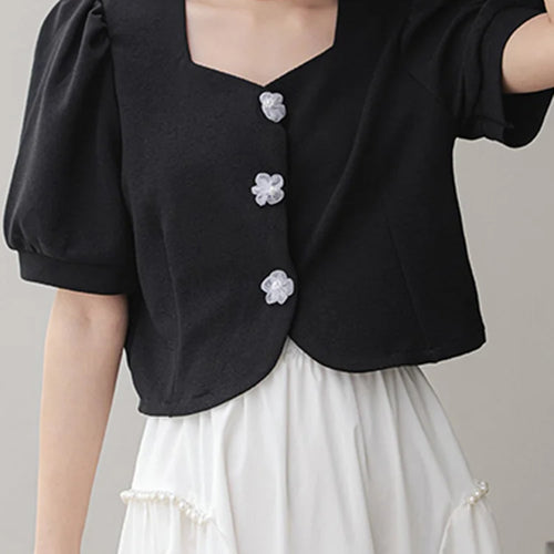 Load image into Gallery viewer, French Style Black Elegant Female Shirts New Summer Square Neck Puff Sleeve Pure Color Chic Buttons Casual Women Shirt
