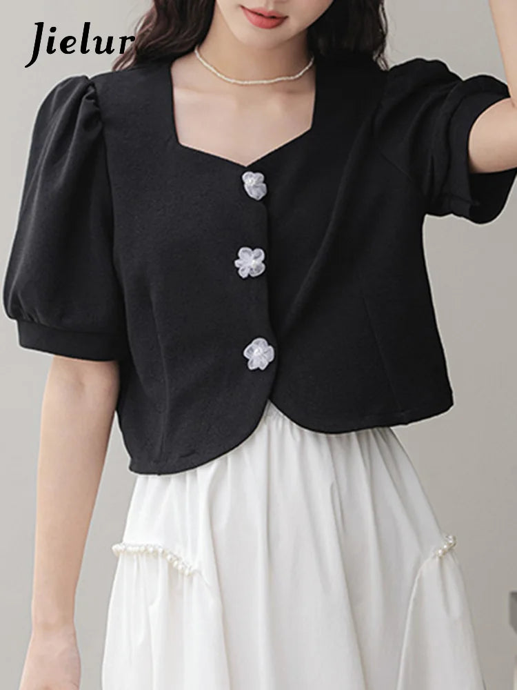 French Style Black Elegant Female Shirts New Summer Square Neck Puff Sleeve Pure Color Chic Buttons Casual Women Shirt