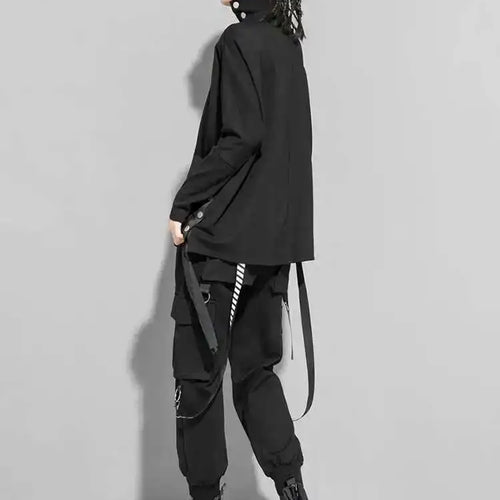 Load image into Gallery viewer, Women Black Irregular Ribbon Big Size Casual T-shirt New Turtleneck Long Sleeve Fashion Tide Spring Autumn 2025 1DF5280
