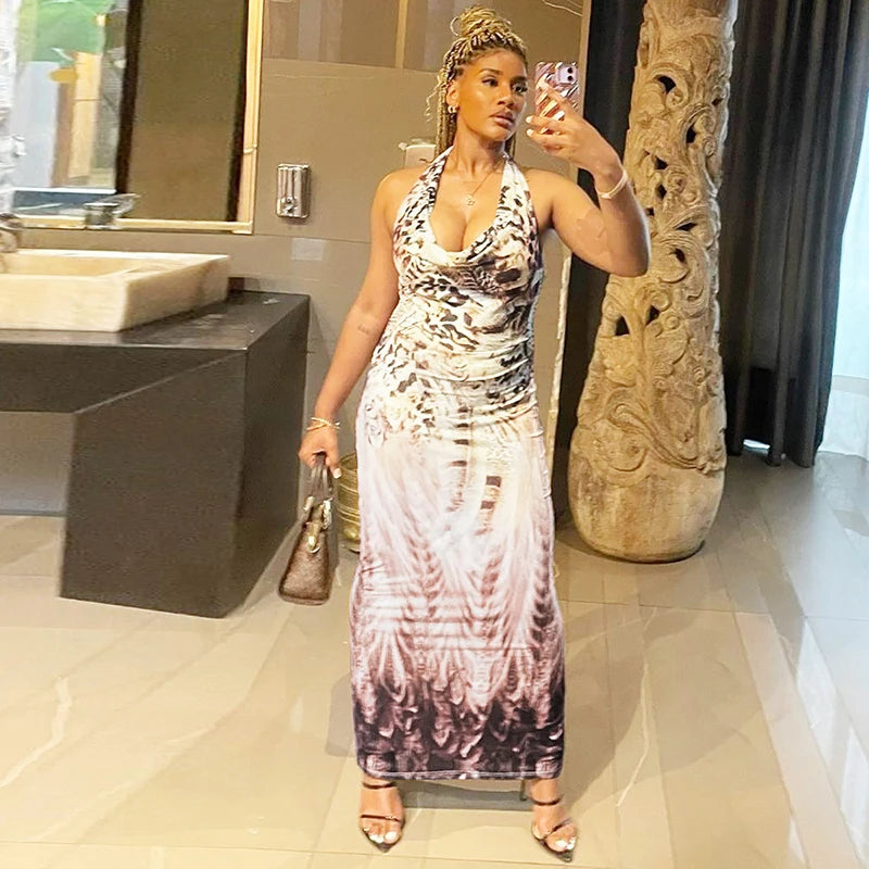 Backless Print V-neck Lace Up Sexy Maxi Dress For Women Slim Fit Sleeveless Hollow Out Dress Vacation Outfit Autumn