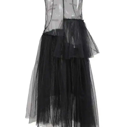 Load image into Gallery viewer, Women Black Irregular Ruffles Mesh Elegant Perspective Dress New Round Neck Sleeveless Fashion Spring Summer 2025 CPDB108
