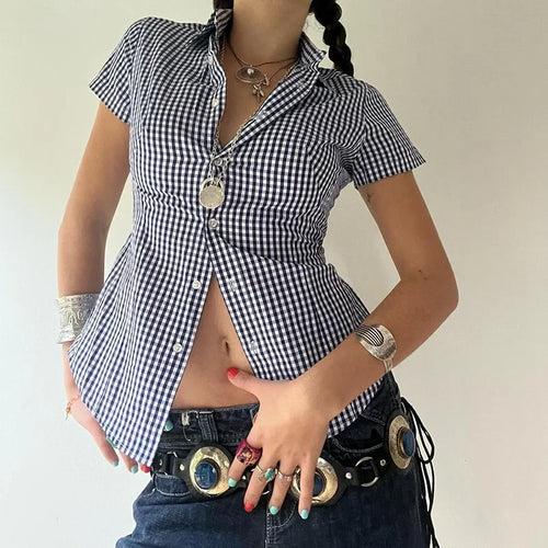 Load image into Gallery viewer, Vintage Fashion Plaid Shirt Women Cropped Top Buttons-Up Cardigan Y2K Korean Style Casual Summer Blouse Short Sleeve
