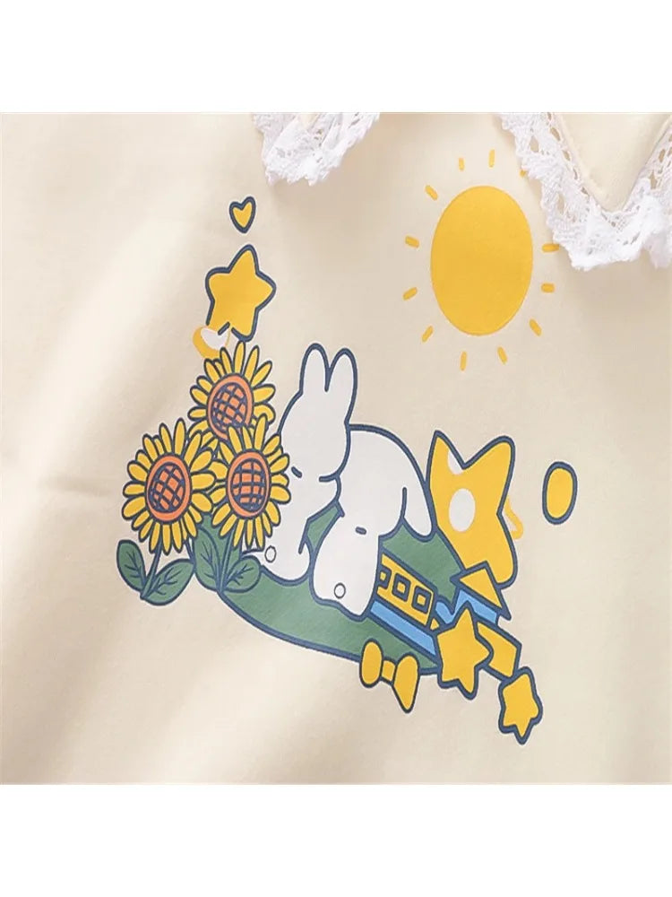 Sweet Style Kawaii Cute Women Sweatshirts Cartoon Rabbit Print Lace Patchwork Pullovers Winter Ladies Cotton Sudadera Tops