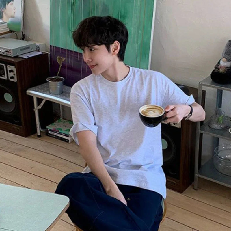 Men's Short SleeveT-shirts New Summer Loose Solid Color Korean Round Neck Style Pullover Casual Trendy Male Top 9W1611