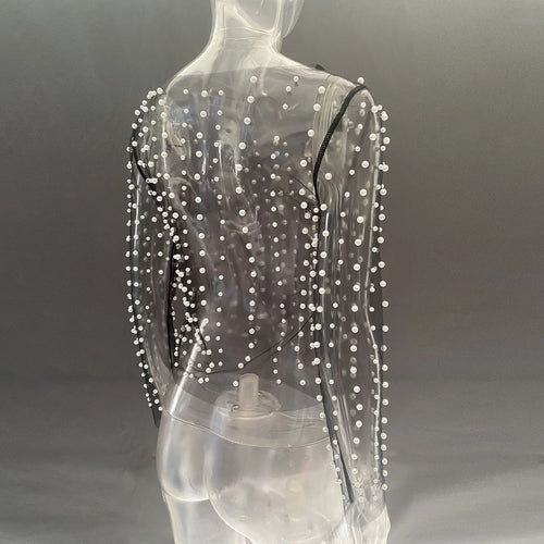 Load image into Gallery viewer, Pearl Mesh See Through T-shirt Women Fashion Long Sleeve Pullover Blouse Ladies Summer U Neck Sexy Tee Shirt Tops
