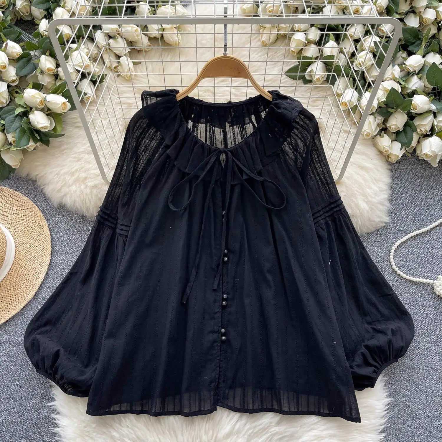 French Woman Solid Long Sleeve Lace-up Shirt Ladies Sweet Ruffle Edges Blouse Autumn Fashion New Single Breasted Short Tops Chic