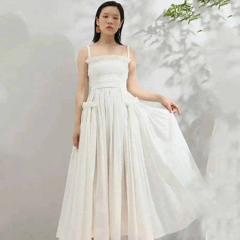 Women White Sling Backless Pleated Shrink Waist Slim Vintage Dress New Square Collar Fashion Spring Autumn 2025 JF54801