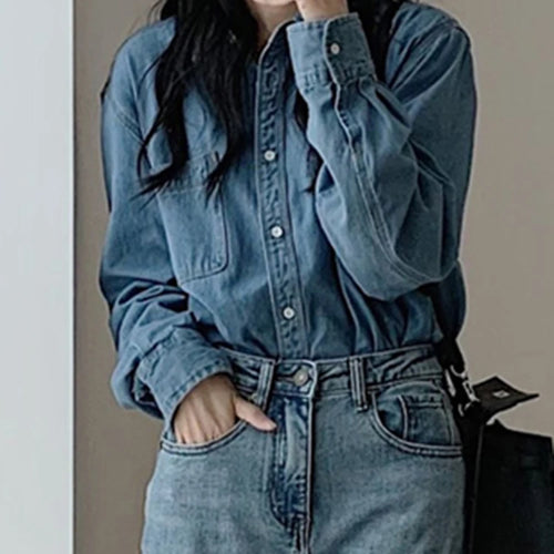 Load image into Gallery viewer, Blue Polo Denim Women Shirt Solid Color Chic Streetwear Single Breasted French Style Straight Loose Pockets Female Shirts
