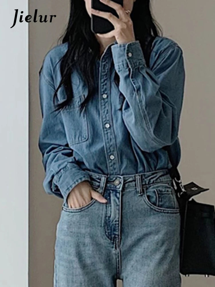 Blue Polo Denim Women Shirt Solid Color Chic Streetwear Single Breasted French Style Straight Loose Pockets Female Shirts