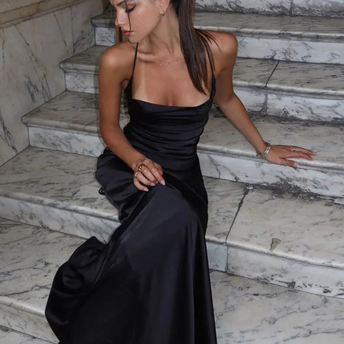 Load image into Gallery viewer, Spaghetti Strap Backless Sexy Maxi Dress Women Gown Black Satin Slipdress Sleeveless High Waist Club Party Long Dress
