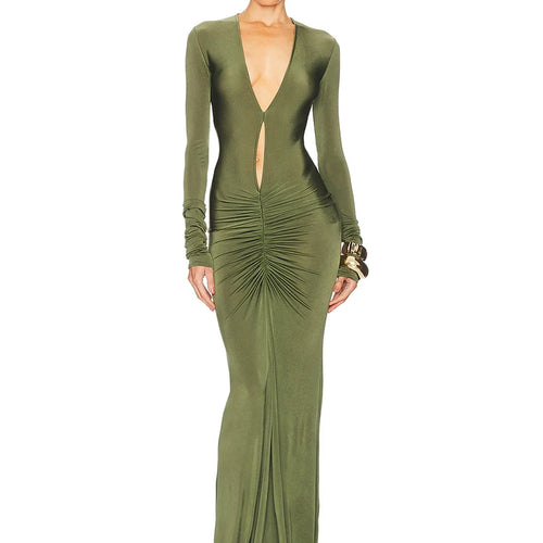Load image into Gallery viewer, Hollow Out Long Sleeve Ruched Sexy Maxi Dress Women Green Deep V Neck Bodycon Evening Club Party Long Dress Elegant
