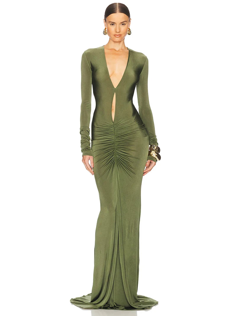 Hollow Out Long Sleeve Ruched Sexy Maxi Dress Women Green Deep V Neck Bodycon Evening Club Party Long Dress Elegant
