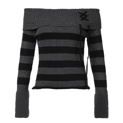 Load image into Gallery viewer, Korean Style Striped Sweater Off Shoulder Autumn Winter Female Jumper Contrast Color Knitwear Y2k 2000s Trend Outfits
