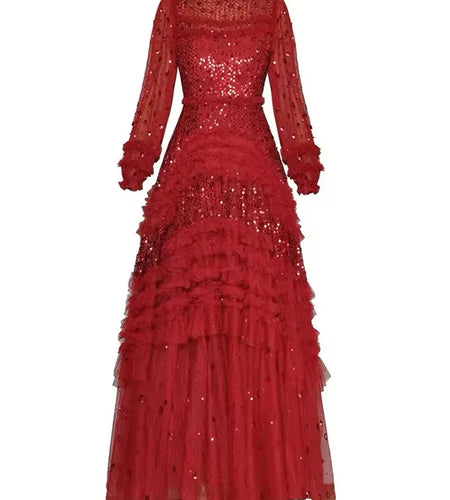 Elegant Spliced Sequins Dress For Women Stand Collar Long Sleeve High Waist Patchwork Mesh Chic Dresses Female New