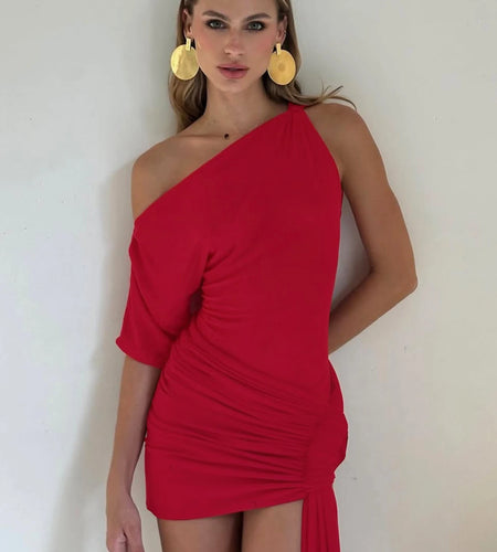 Fashion Solid One Shoulder Short Sleeve Draped Patchwork Sexy Mini Dress Summer Women Outfits Birthday Party Festival