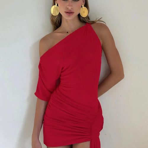 Load image into Gallery viewer, Fashion Solid One Shoulder Short Sleeve Draped Patchwork Sexy Mini Dress Summer Women Outfits Birthday Party Festival
