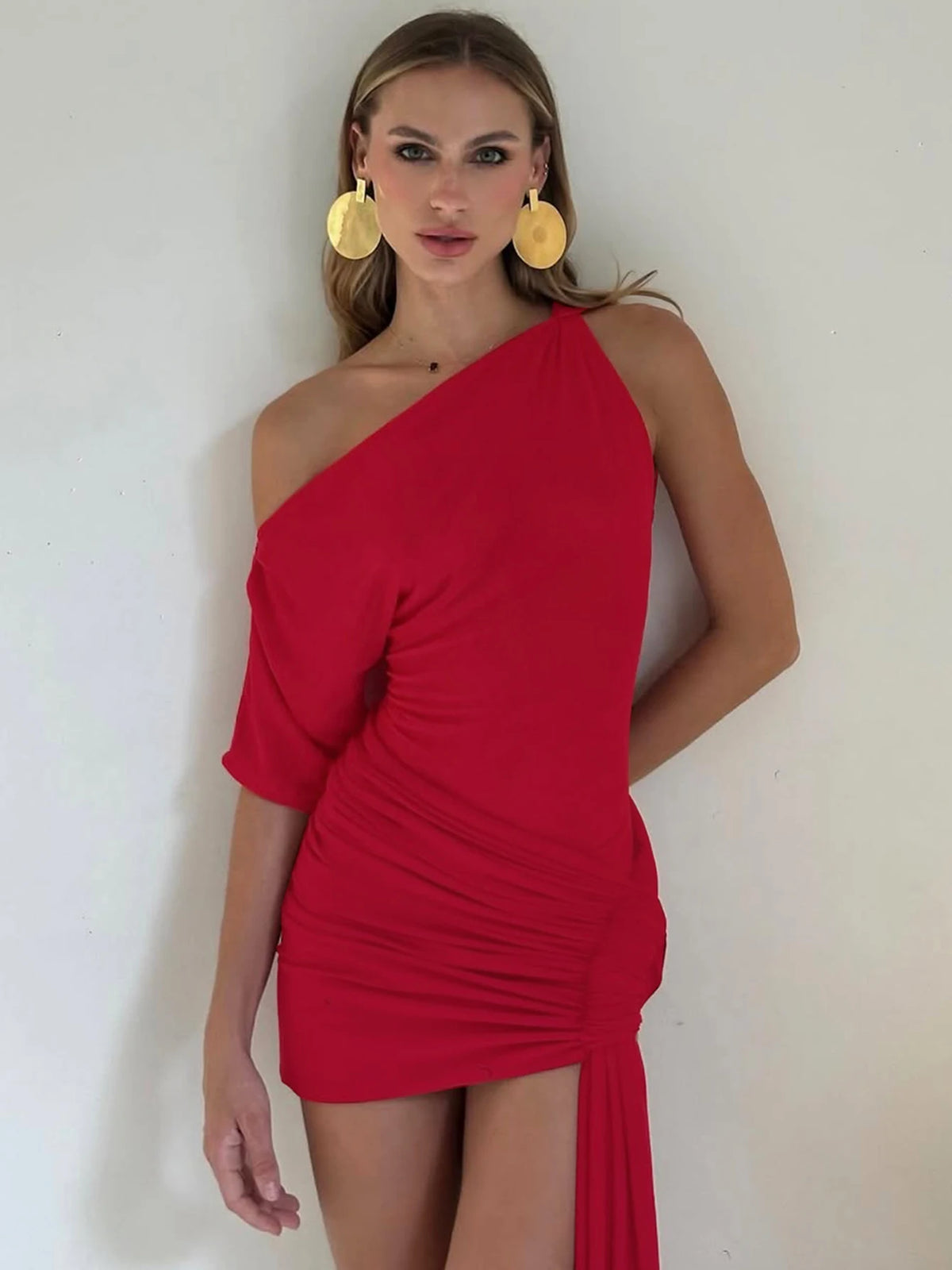 Fashion Solid One Shoulder Short Sleeve Draped Patchwork Sexy Mini Dress Summer Women Outfits Birthday Party Festival