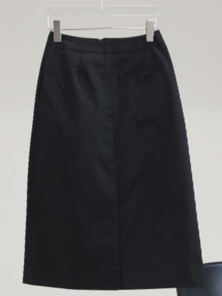 Streetwear Black Midi Skirts For Women High Waist Patchwork Zipper Pockets Solid Long Skirts Female Clothing Summer