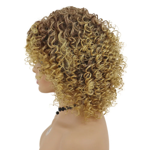 Load image into Gallery viewer, Synthetic Short Curly Wig Natural Hair with Bangs Brown Ombre Blonde Wigs Bounce Fluffy Bob Curls Wigs for Black Women
