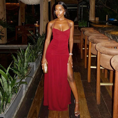 Load image into Gallery viewer, Spaghetti Strap Split Sexy Maxi Dress For Women Elegant Halter Sleeveless Backless High Waist Bodycon Club Party Dress
