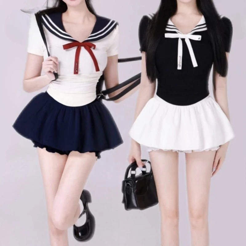 Preppy Style Two Pieces Set Women Patchwork Sailor Collar Grunge T-shirt + Y2k Aesthetic Mini Pleated Skirts Harajuku Outfits